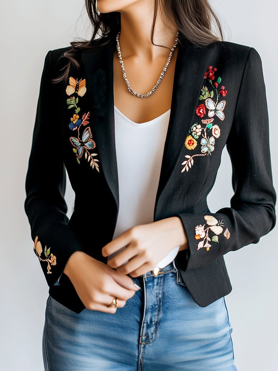 Butterfly and Floral Embroidery Cotton and Linen Blazer