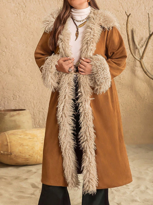 Stylish Faux Leather Fur Trim Plus-size Suede Long Coat