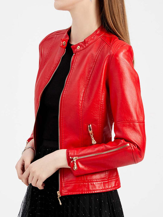 Women's Stand Collar Zipper Cuff Leather Jacket