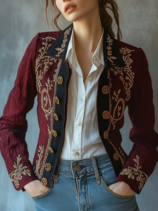 Women's Vintage Contrast Trim Embroidered Cotton Linen Jacket