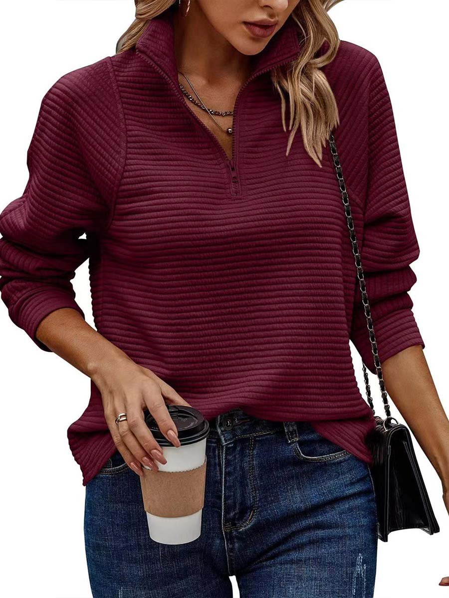 Women's Textured Zipper Neck Long Sleeve Sweatshirt