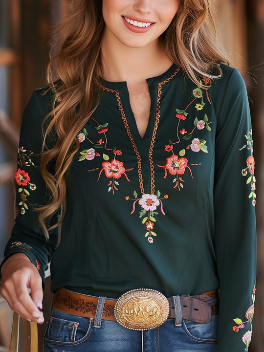 Exquisite Floral Embroidery V-neck Long Sleeves T-shirt