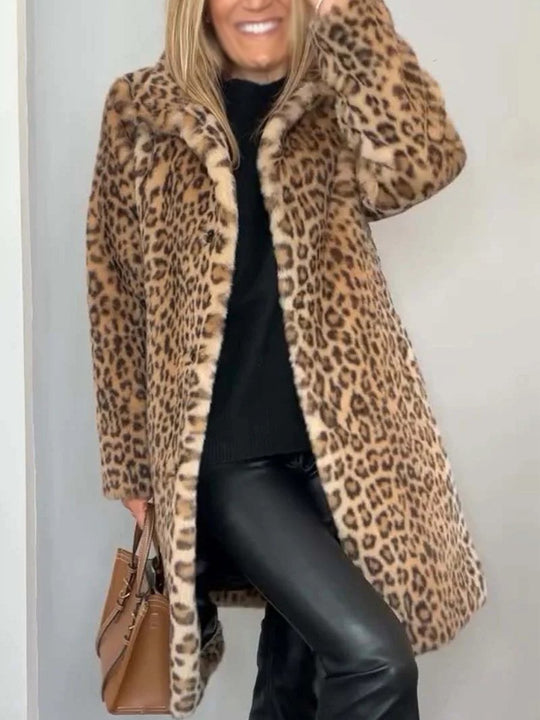 Fashionable Leopard Print Plush Mid-length Coat