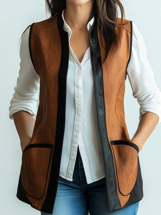 Stylish Color Patchwork Side Pockets Leather Waistcoat