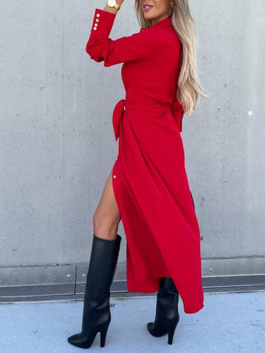 Solid Color Cardigan Long Sleeve Swing Maxi Dress