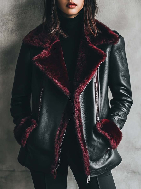 Women's Retro Contrast Color Fur Collar Leather Jacket