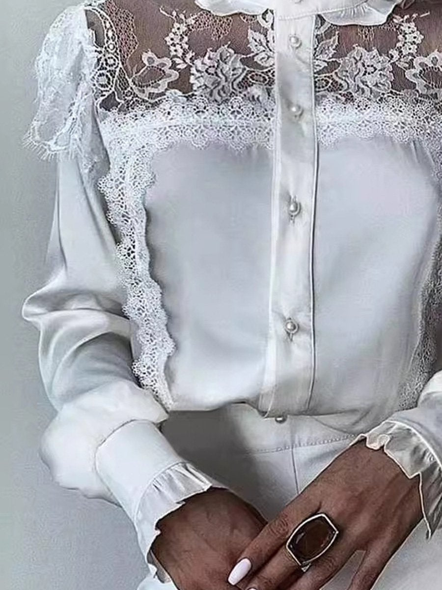 White High Collar Mesh Lace Patchwork Ruffled Shirt