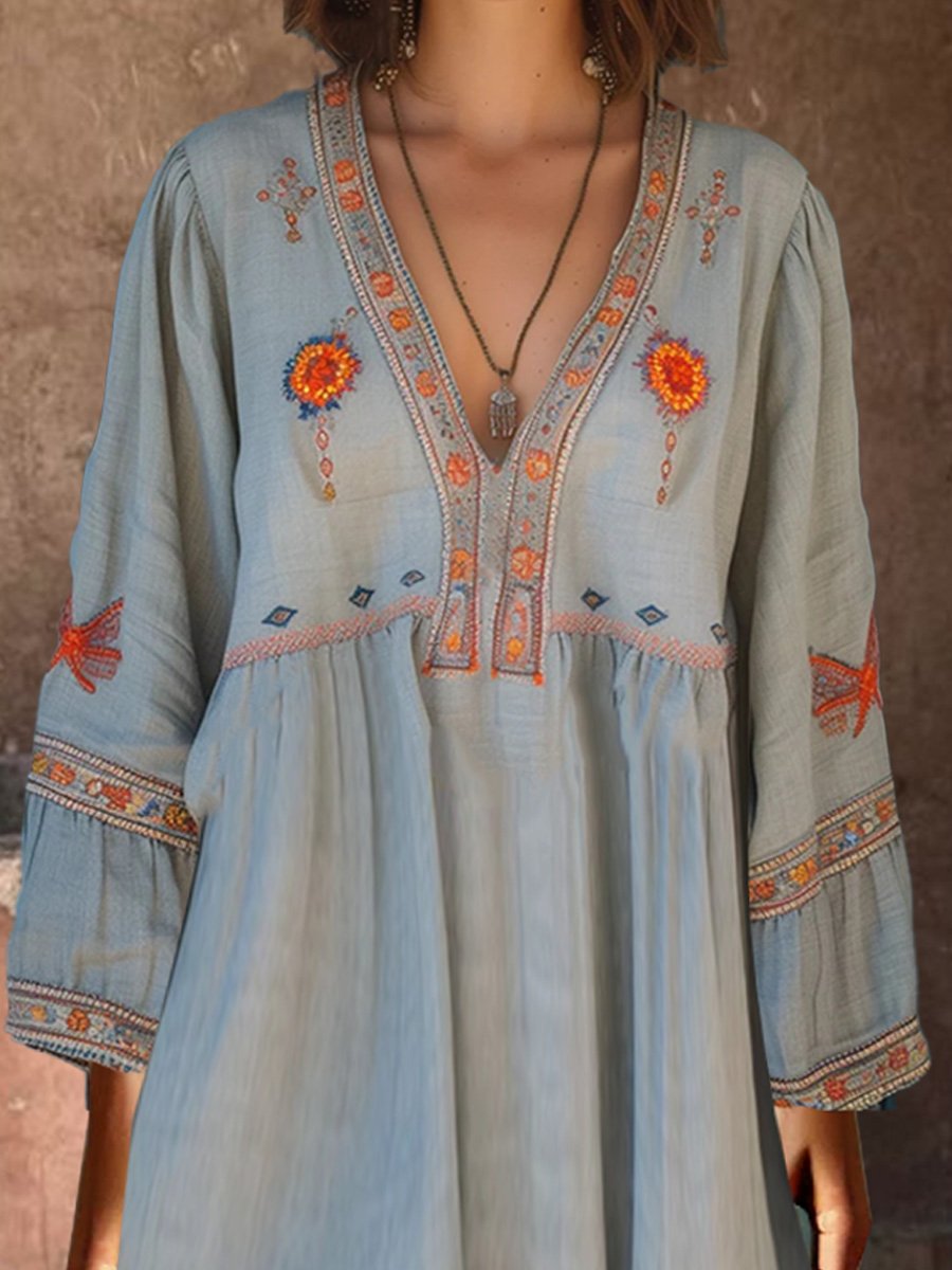 Bohemian Embroidered Tunic Dress with Flowy Sleeves