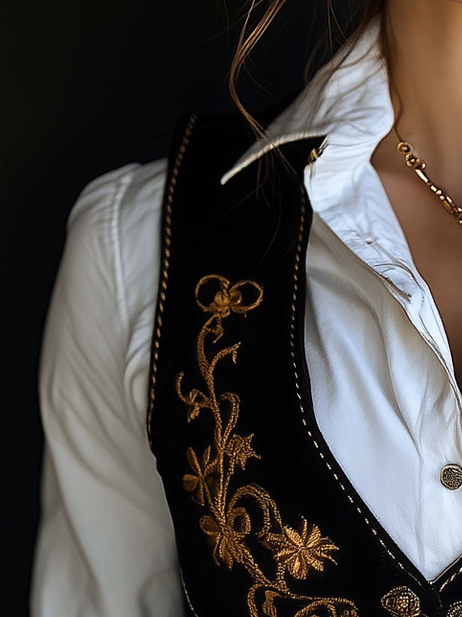 Women's Vintage Suede Gold Floral Embroidered Vest