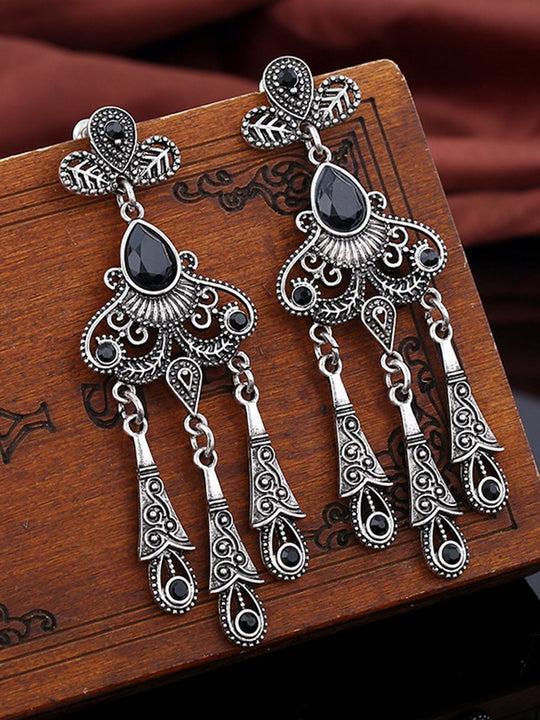 Retro Ethnic Style Hollow Leaf Gemstone Water Drop Tassel Earrings