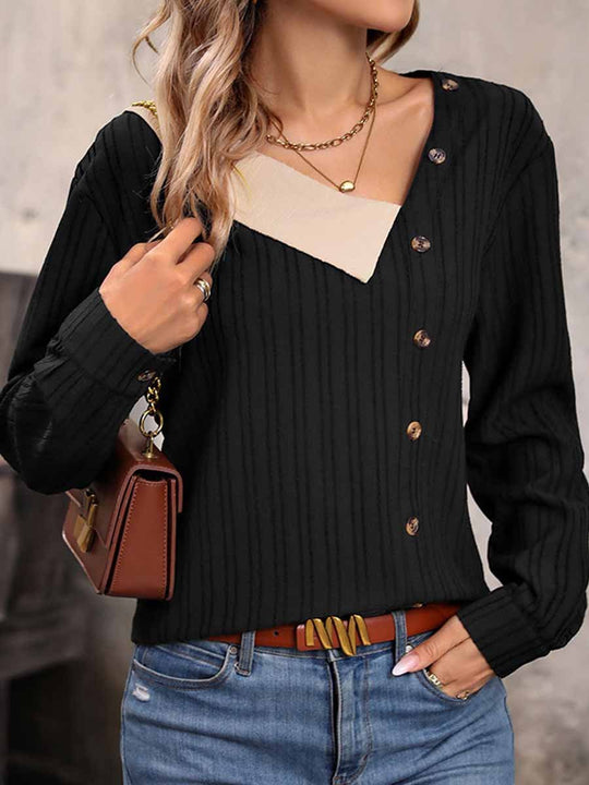 Contrast Button V-Neck Textured Long Sleeve Top