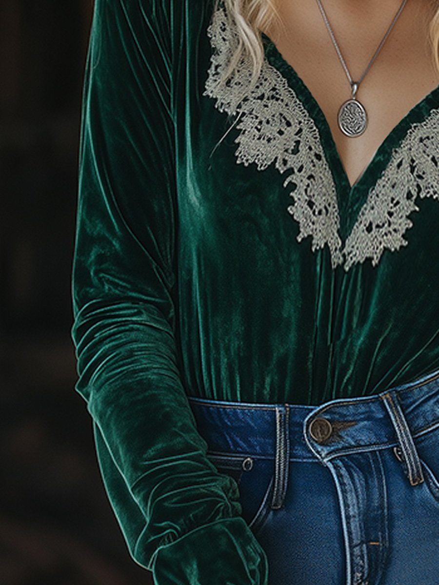 Elegant V-neck Velvet Lace Long-sleeved Shirt