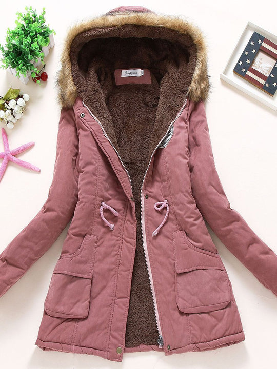 Casual Fur Collar Lambskin Plus Velvet Thickened Loose Mid-length Cotton Coat