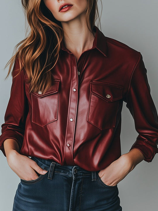 Vintage Red Lapel Button-Down Leather Shirt