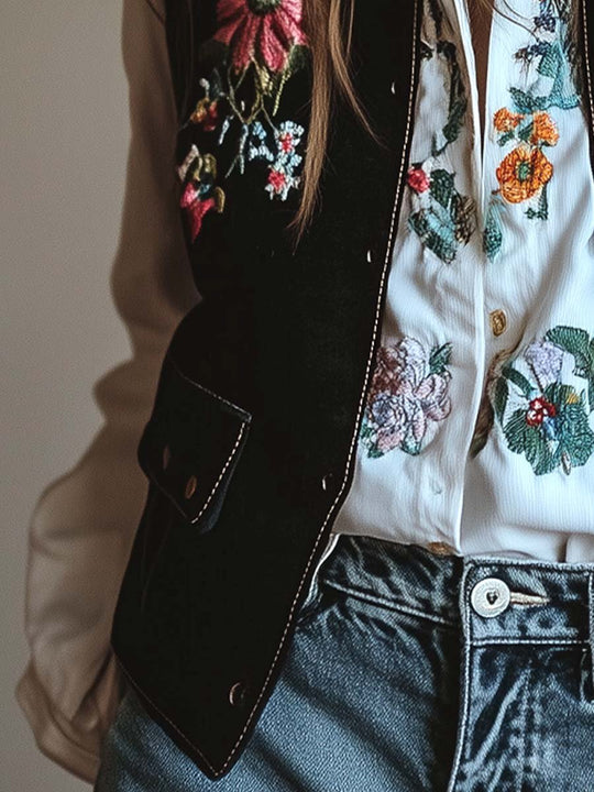 Women's Velvet Colorful Floral Embroidered Vest