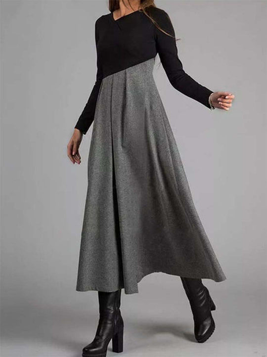 Women's Contrast Color Woolen Long-Sleeved Dress