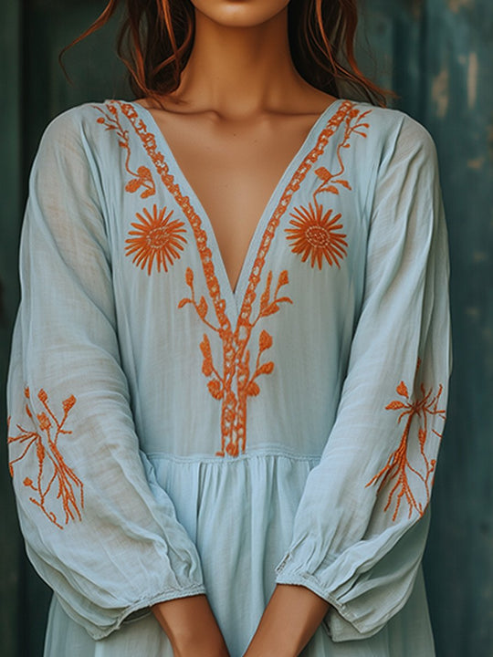 Bohemian Embroidered High-Low Midi Dress