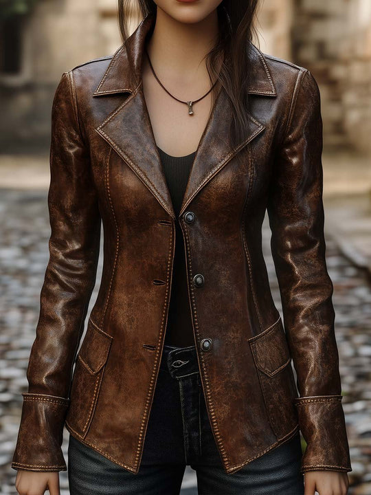 Women's Vintage Pocket Leather Jacket