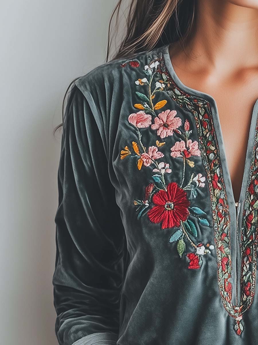 Women's Vintage Floral Embroidered Velvet Shirt