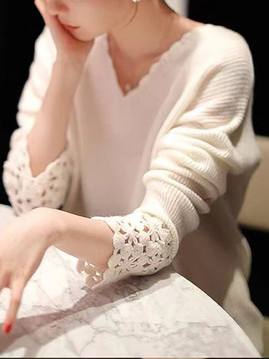 V-neck Hollow Stitching Long-sleeved Cashmere Sweater