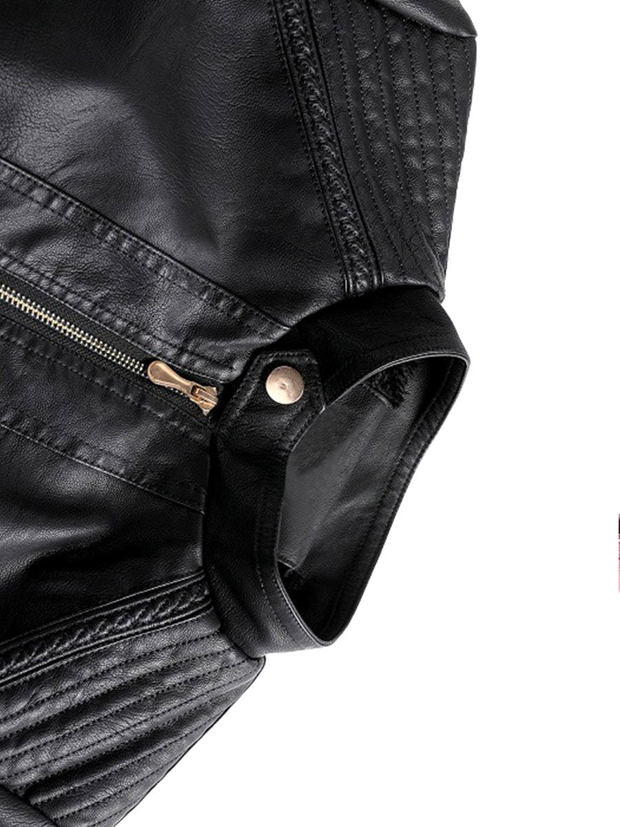 Women Warm Lined Stand Collar Leather Biker Jacket