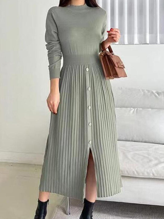 Temperament French Slit Mid-length Round Neck Knitted Dress