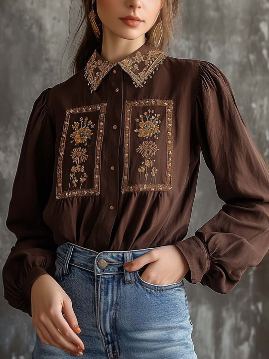 Vintage-Inspired Brown Embroidered Blouse