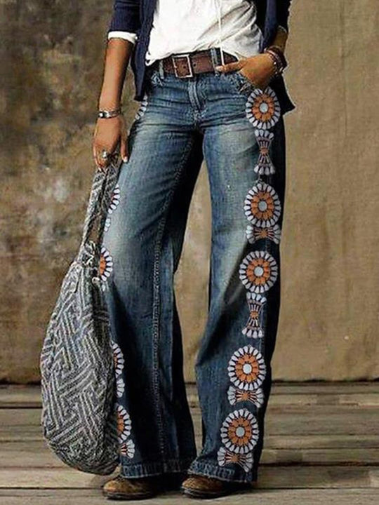 Retro Fashion Print Casual Straight-Leg Wide-Leg Jeans