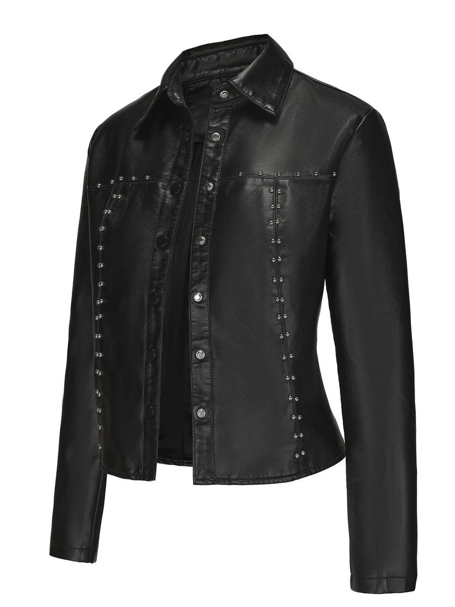 Women's Zipper Rivet Leather Jacket Biker