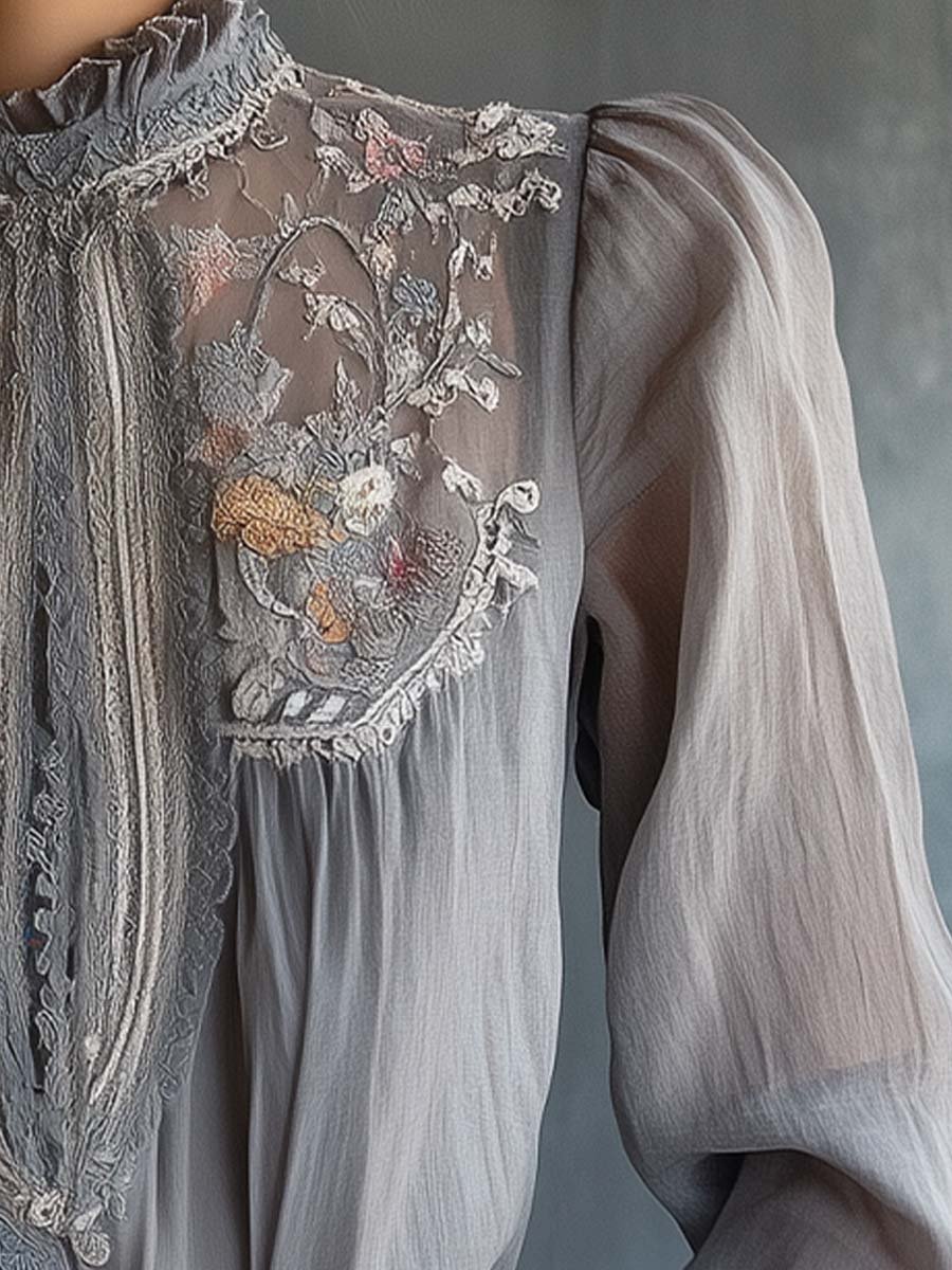 Ethereal Charm Embroidered Sheer High-Neck Blouse