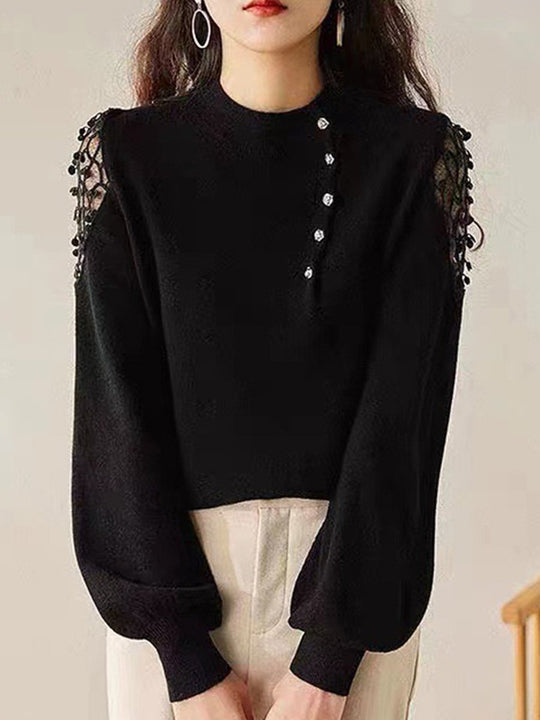 Elegant Metal Buttoned Mesh Lace Wool Sweater