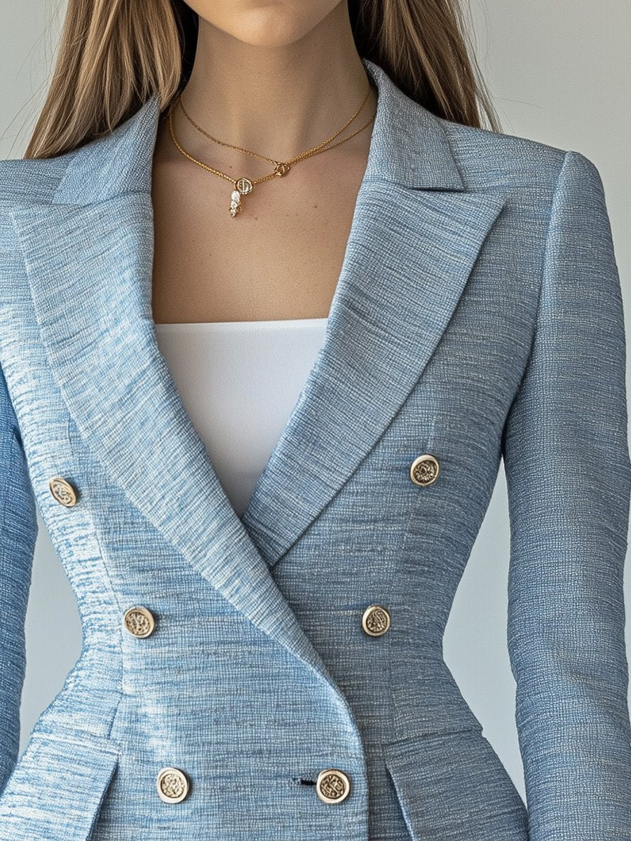 Light Blue Stylish Casual Double-breasted Slim-fit Blazer