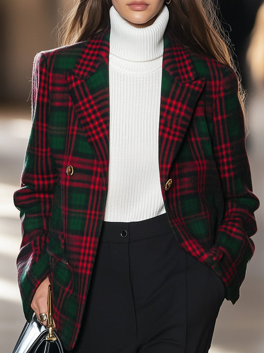 Vintage Casual Loose Fit Red Plaid Wool Blazer