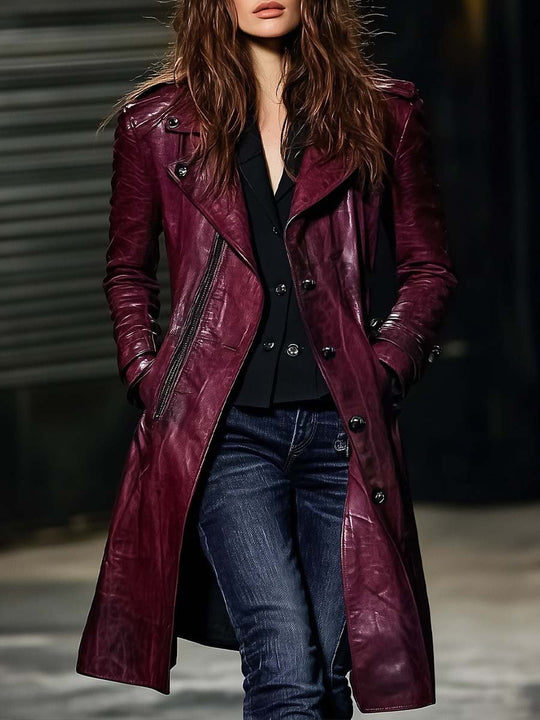 Women's Vintage Zipper Burgundy Leather Trench Coat