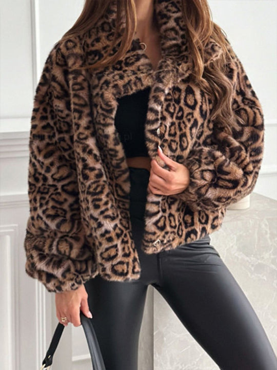 Fashionable Fur Leopard Print Lapel Short Coat