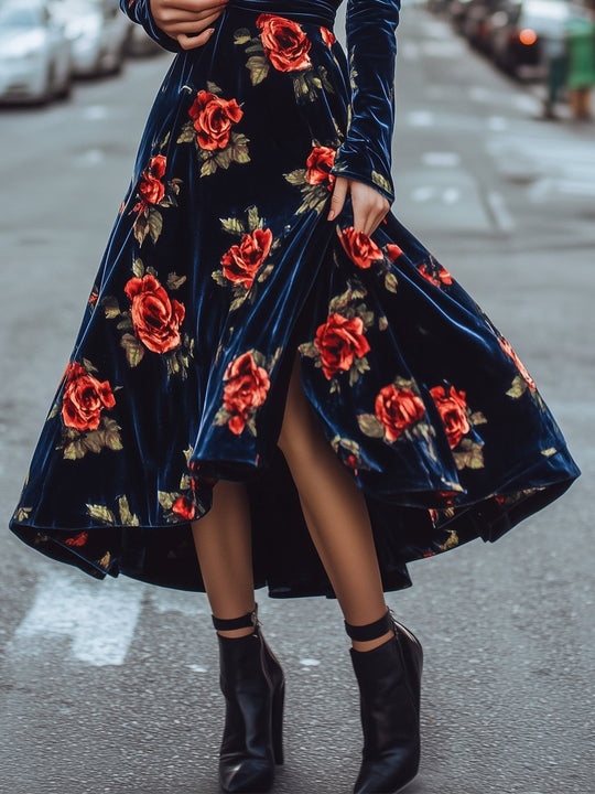 Blue Velvet V-neck Retro Rose Print Maxi Dress with Wide Hem