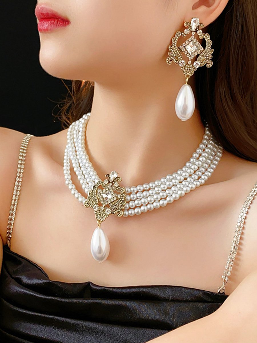 Round Diamond Drop Multi-layer Pearl Necklace and Earrings Set