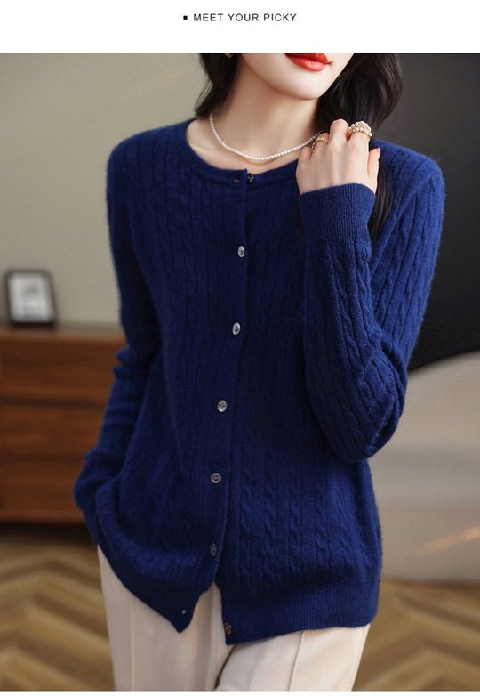 Fashion Round Neck Slim Fit Cable Knit Cardigan