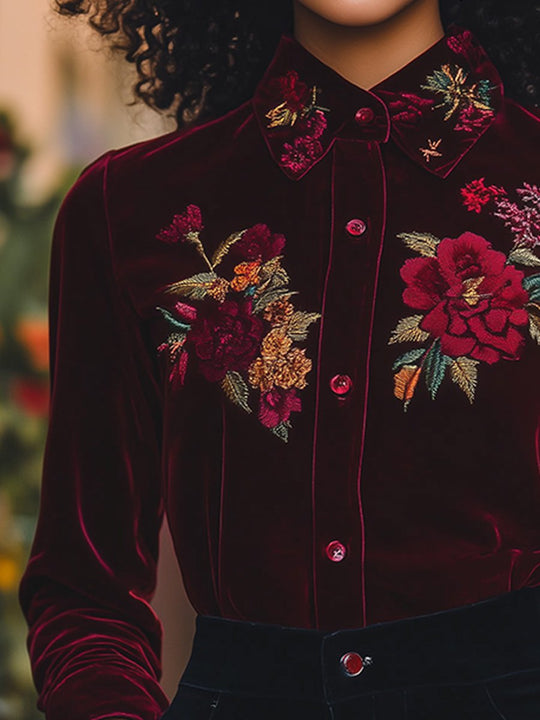 Fashion Velvet Embroidered Long Sleeve Shirt