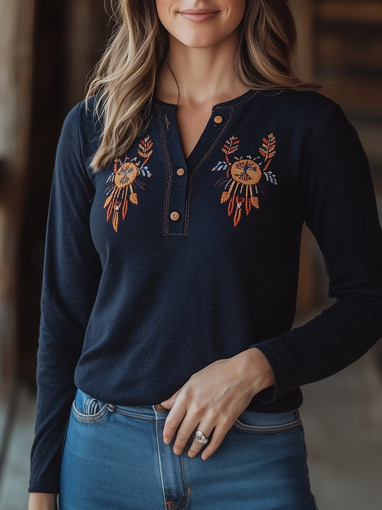 Boho Dreamcatcher Embroidery Long Sleeves Cotton T-shirt