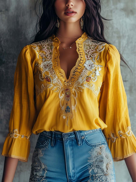 Sunshine Elegance Embroidered Mustard Blouse