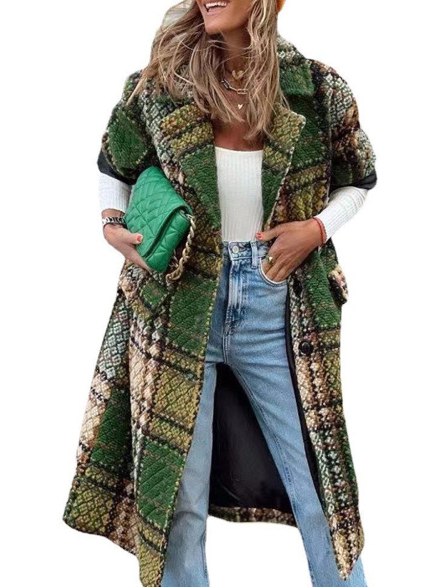 Fashion Long Sleeve Lapel Printed Woolen Long Coat