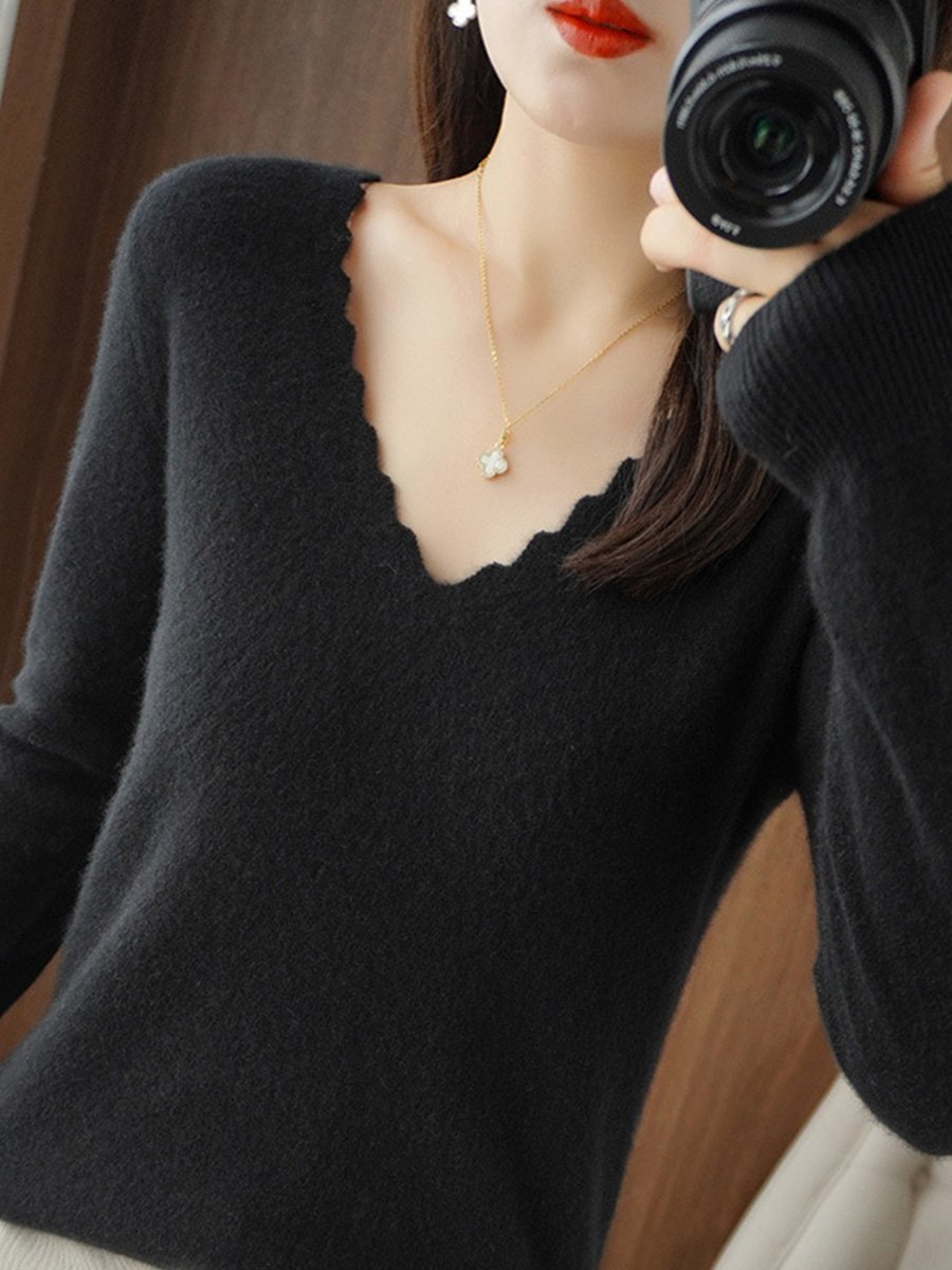 Elegant Lace V-Neck Pullover Warm Solid Color Sweater