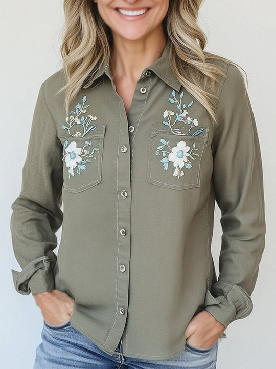 Fashion Retro Floral Embroidery Distressed Washed Work Shirt