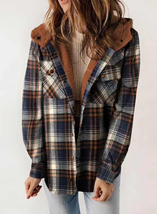 Retro Plaid Woolen Lamb Fleece Lined Thickened Hoodie Jacket