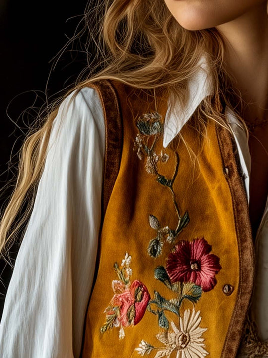 Women's Floral Embroidered Suede Vest