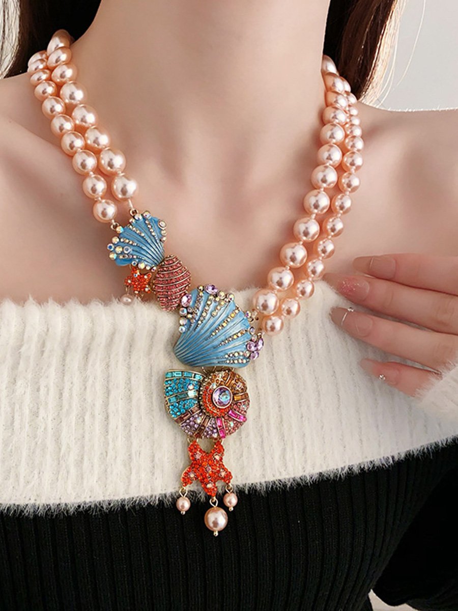 Vintage Diamond Dripping Shell Conch Pearl Necklace