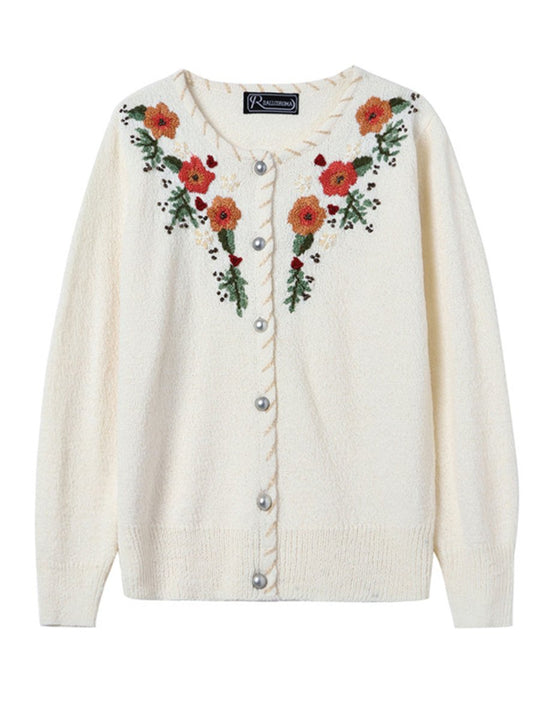 Vintage Hand Embroidered Wool Long Sleeve Cardigan