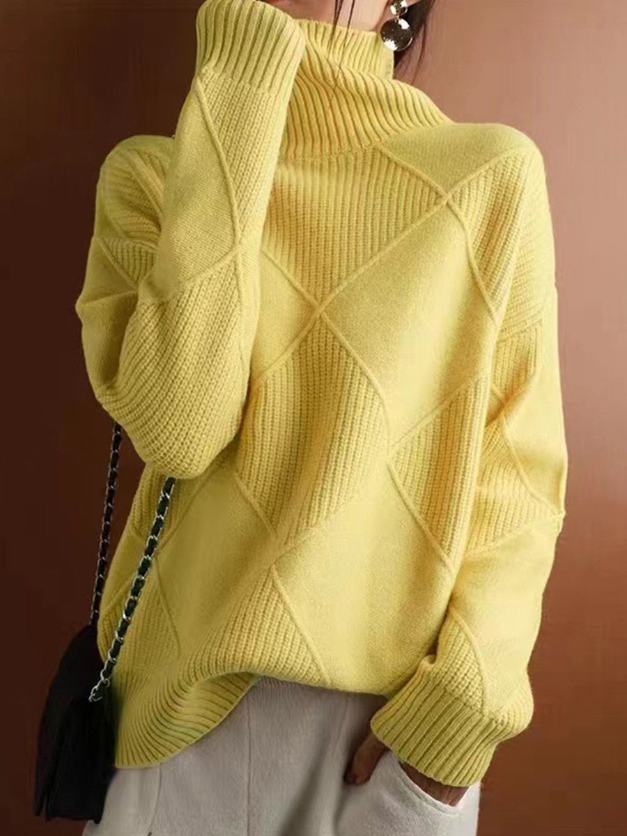 High Collar Pullover Diamond Shaped All-match Solid Color Sweater