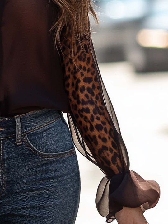 Sheer Leopard Sleeve Button-Up Blouse